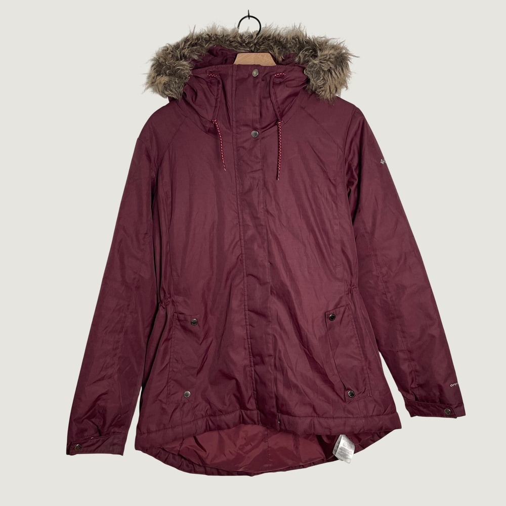 Columbia Parka Jacket Womens Large Burgundy Omni Heat Faux Fur Hood Winter Coat